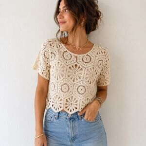 Cream Crochet Open Knit Boho Short Sleeve Top Sz S